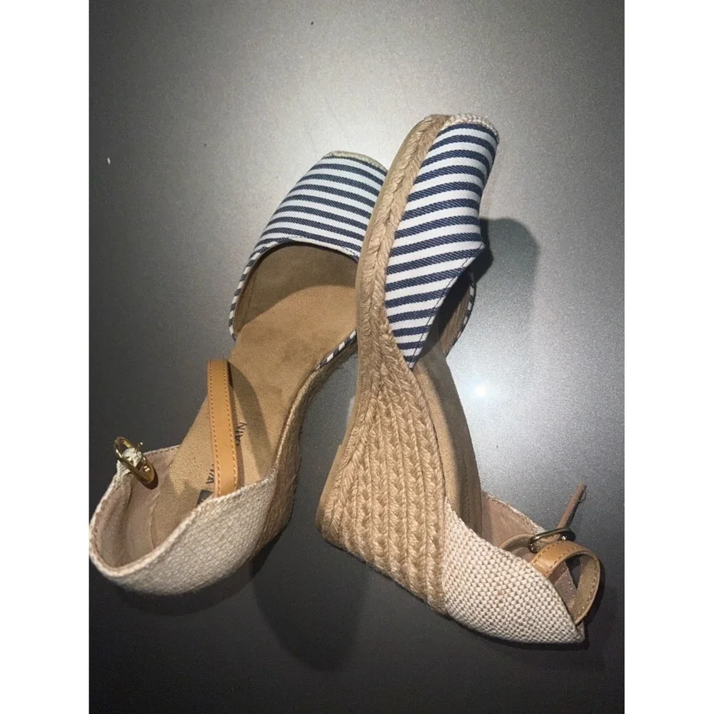 White Mountain Womens Blue White Striped Espadrille Wedge Sandals Ankle Strap